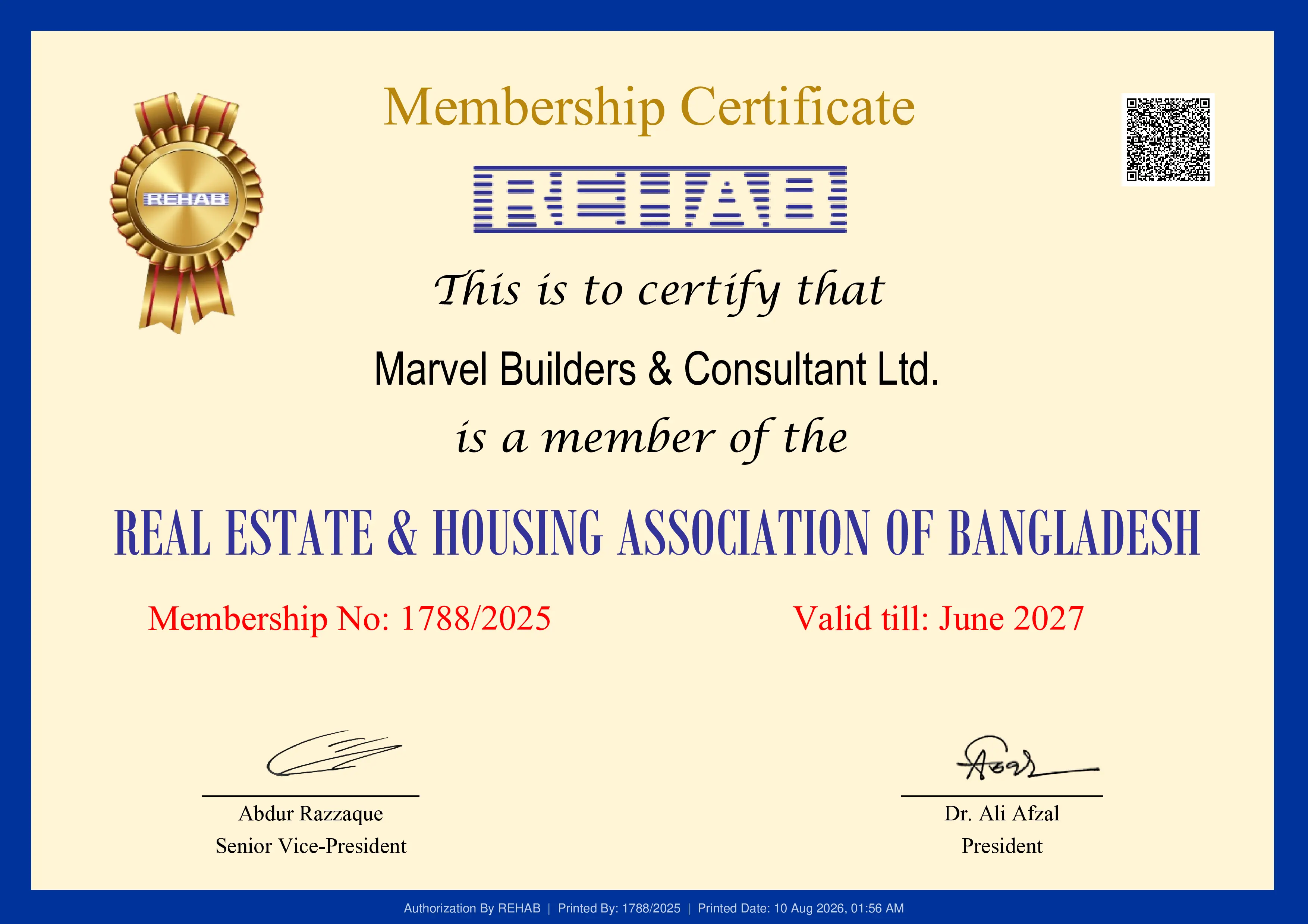 REHAB membership certificate confirming Marvel Builders & Consultant Ltd. as a member of the Real Estate and Housing Association of Bangladesh