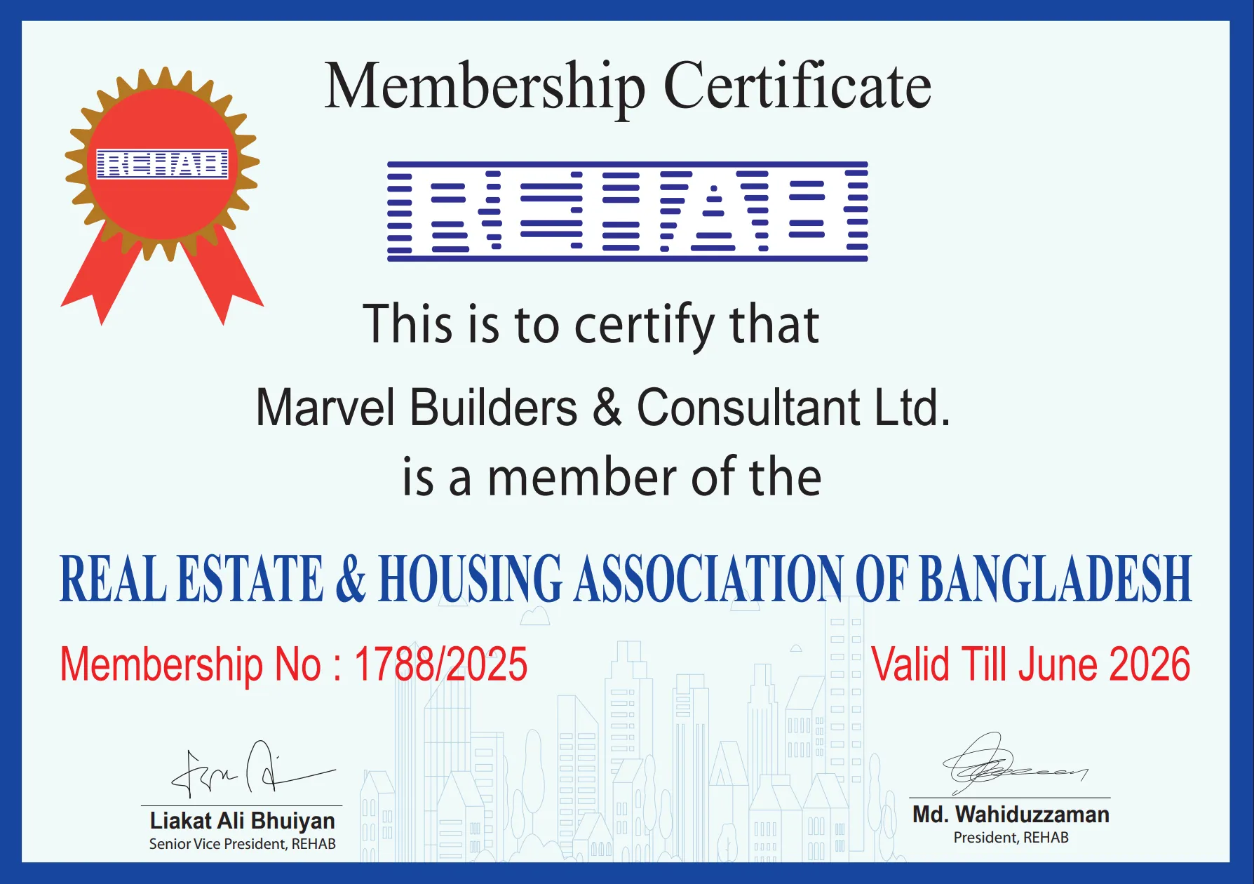 REHAB membership certificate confirming Marvel Builders & Consultant Ltd. as a member of the Real Estate and Housing Association of Bangladesh